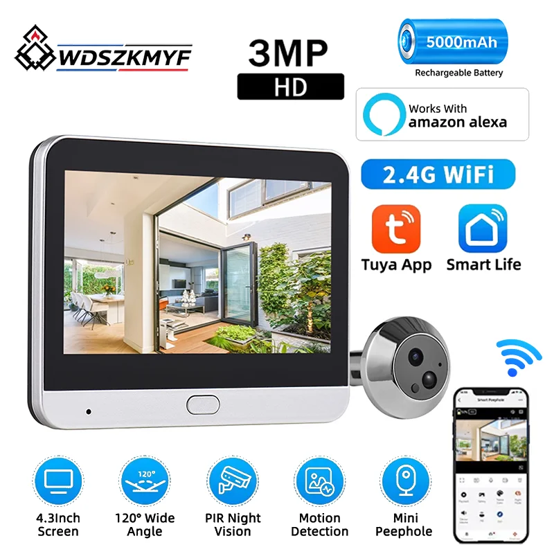 Home Security Front Door Camera - Умный WiFi-видеоглазок Tuya с 3 МП,